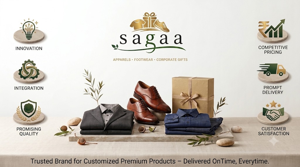 Sagaa apparel, footwear, and corporate gifts styled together